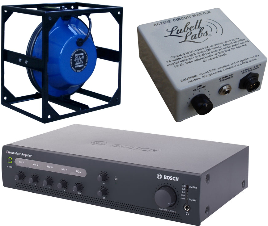 Sistema básico LL916: altavoz LL916C con jaula, caja de transformador AC203E y un amplificador de megafonía