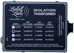 Caja de transformador de aislamiento Lubell con tabla de modelos y potencias de amplificador